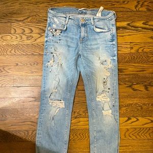Zara size 4 denim jeans pearls rhinestones encrusted
